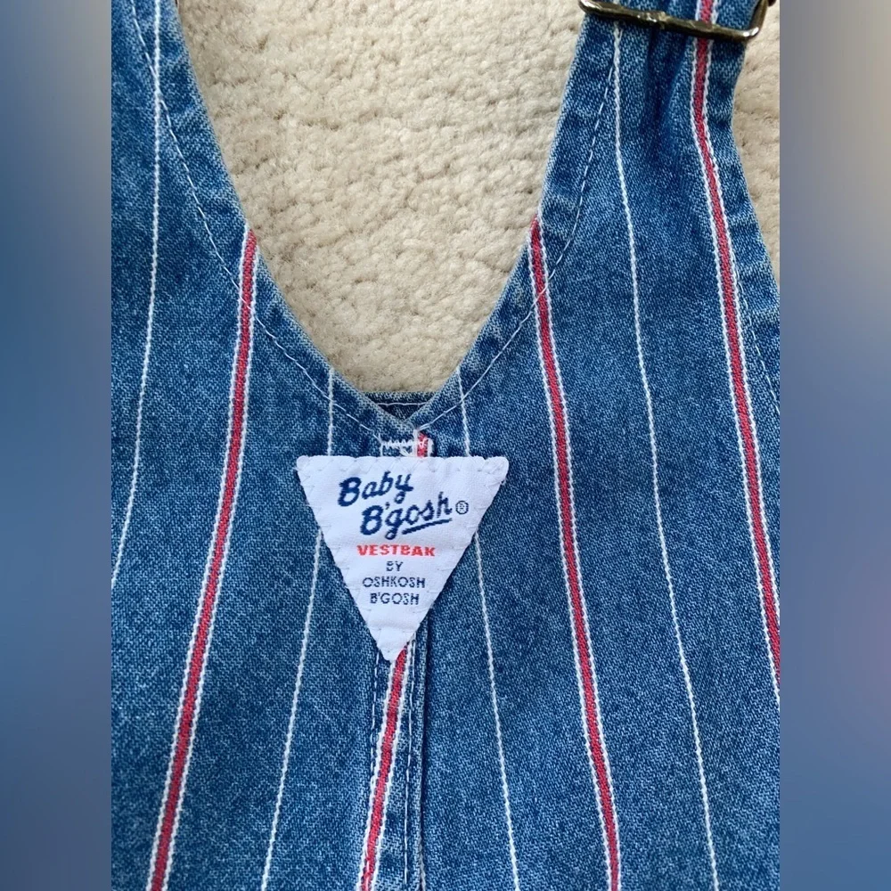 Vintage OshKosh Size 18 Months Racing Pinstripe Denim Shortalls Bib Overalls